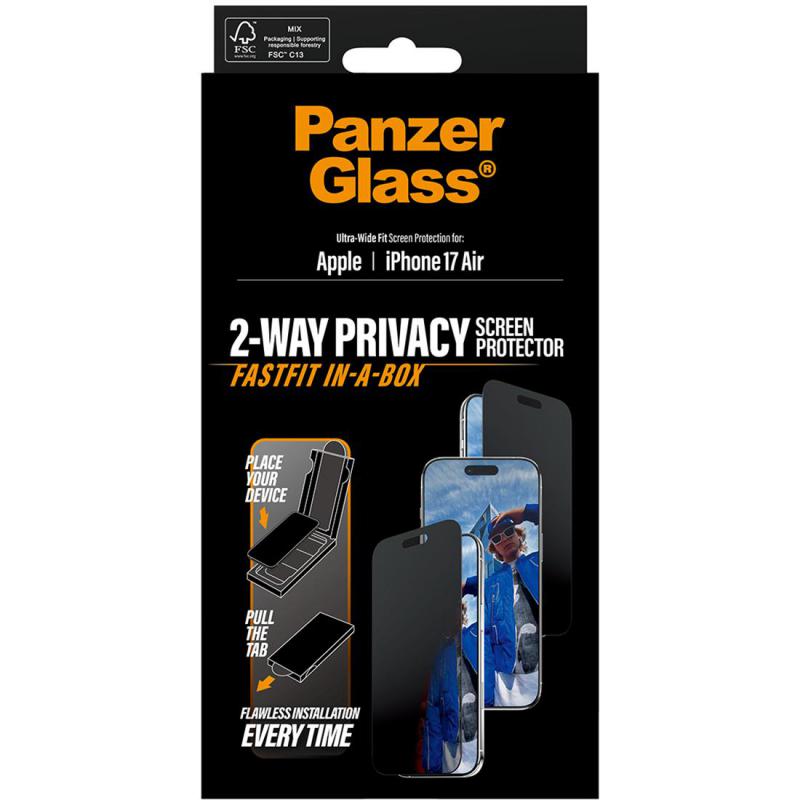 PanzerGlass Ultra-Wide Fit Fastfit In-A-Box Smartphone Screen Protector, for iPhone Air, Tempered Glass with Black Frame, Privacy — 3