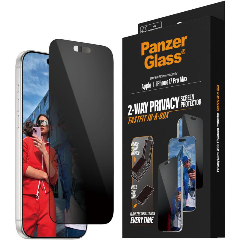 PanzerGlass Ultra-Wide Fit Fastfit In-A-Box Smartphone Screen Protector, for iPhone 17 Pro Max, Tempered Glass with Black Frame, Privacy