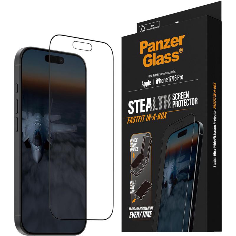 PanzerGlass Ultra-Wide Fit Stealth, Fastfit In-A-Box Smartphone Screen Protector, for iPhone 17/iPhone 16 Pro, Tempered Glass with Black Frame