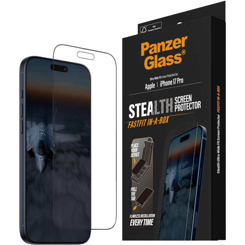 PanzerGlass Ultra-Wide Fit Stealth, Fastfit In-A-Box Smartphone Screen Protector, for iPhone 17 Pro, Tempered Glass with Black Frame
