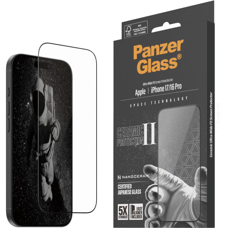 PanzerGlass Ultra-Wide Fit Ceramic II Smartphone Screen Protector, for iPhone 17/iPhone 16 Pro, Tempered Glass, Clear