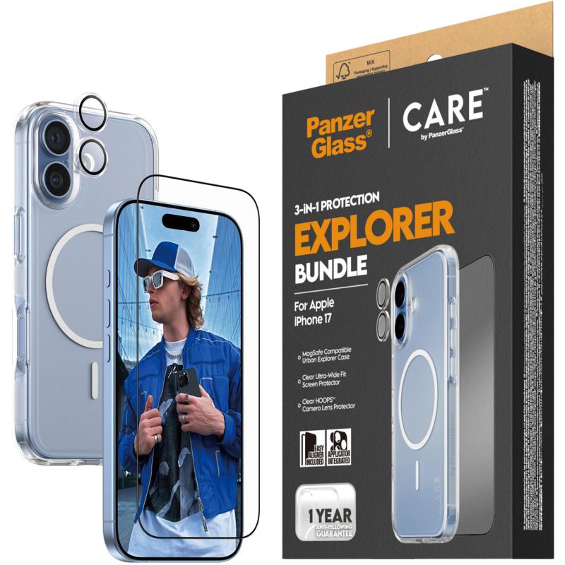 PanzerGlass 3-in-1 Pack Hard MagSafe Case + Ulta-Wide Fit Screen Protector + Hoops Camera Lens Protector Smartphone Case Bundle, for iPhone 17, Clear
