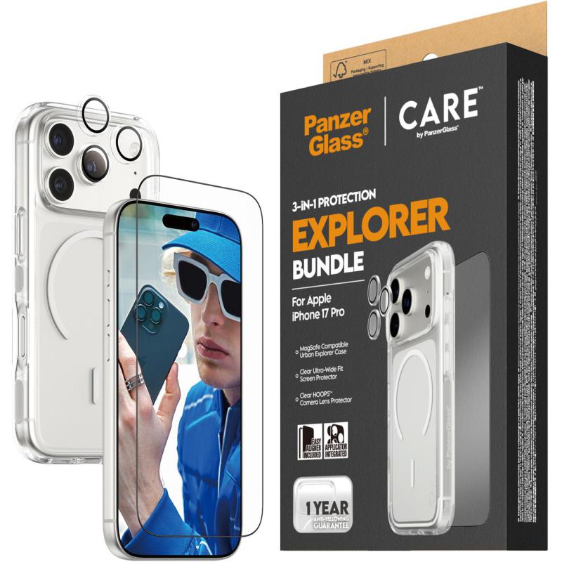 PanzerGlass 3-in-1 Pack Hard MagSafe Case + Ulta-Wide Fit Screen Protector + Hoops Camera Lens Protector Smartphone Case Bundle, for iPhone 17 Pro, Clear