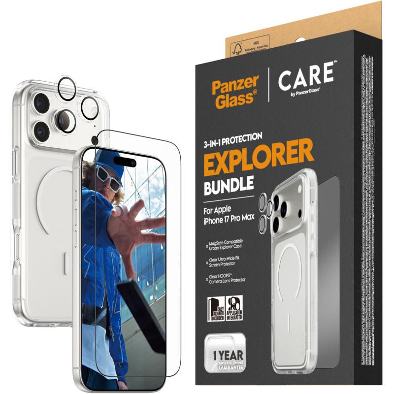 PanzerGlass 3-in-1 Pack Hard MagSafe Case + Ulta-Wide Fit Screen Protector + Hoops Camera Lens Protector Smartphone Case Bundle, for iPhone 17 Pro Max, Clear