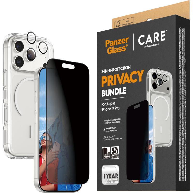 PanzerGlass 3-in-1 Pack Hard MagSafe Case + Privacy Screen Protector + Hoops Camera Lens Protector Smartphone Case Bundle, for iPhone 17 Pro, Clear