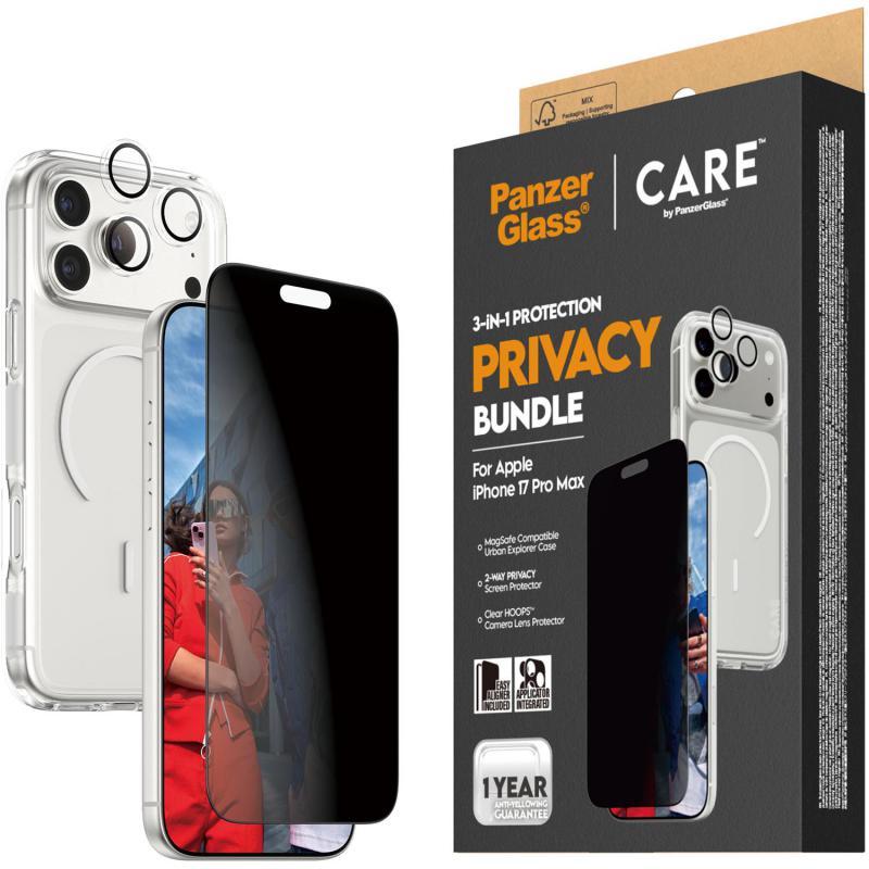 PanzerGlass 3-in-1 Pack Hard MagSafe Case + Privacy Screen Protector + Hoops Camera Lens Protector Smartphone Case Bundle, for iPhone 17 Pro Max, Clear