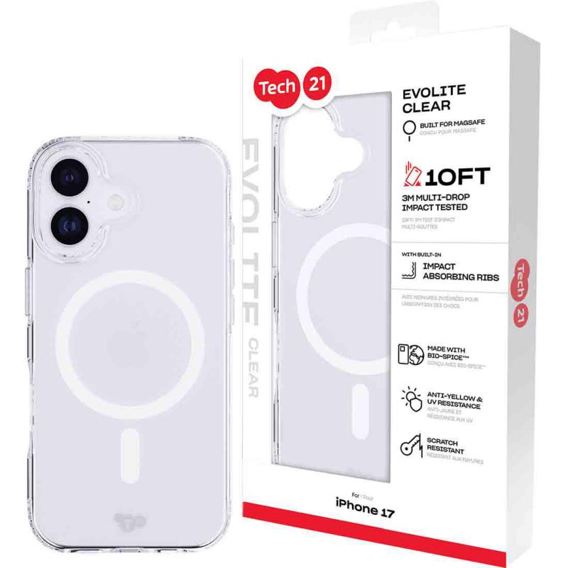 Tech21 EvoLite MagSafe Back Cover Mobile Case with MagSafe, for iPhone 17, Clear