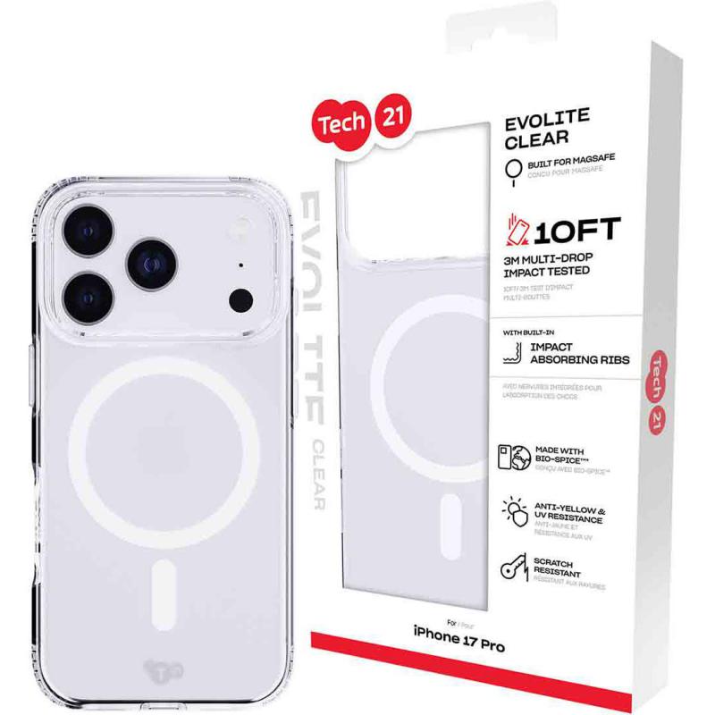 Tech21 EvoLite MagSafe Back Cover Mobile Case with MagSafe, for iPhone 17 Pro, Clear