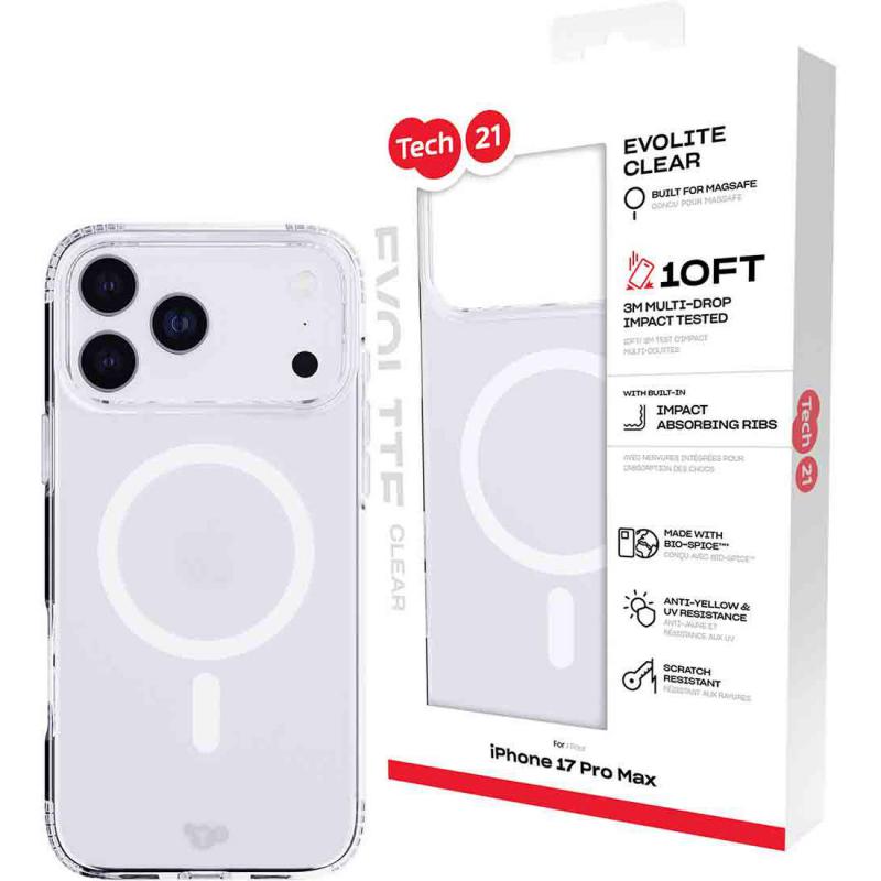 Tech21 EvoLite MagSafe Back Cover Mobile Case with MagSafe, for iPhone 17 Pro Max, Clear