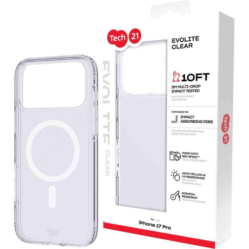 Tech21 EvoClear with MagSafe Back Cover Mobile Case with MagSafe, for iPhone 17 Pro, Clear