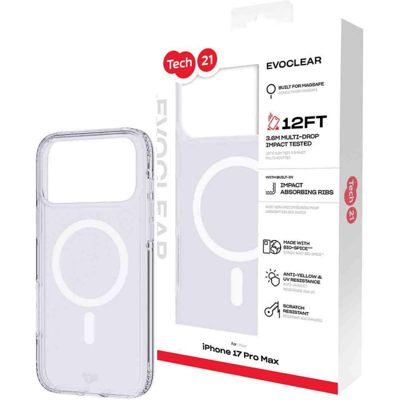 Tech21 EvoClear with MagSafe Back Cover Mobile Case with MagSafe, for iPhone 17 Pro Max, Clear