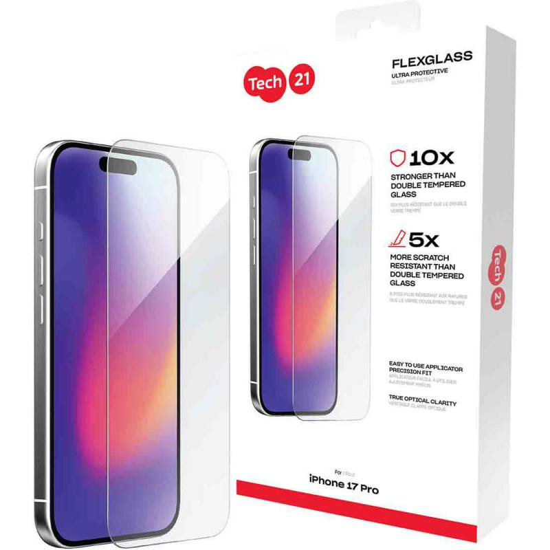 Tech21 FlexGlass Ultra Smartphone Screen Protector, for iPhone 17 Pro, Tempered Glass, Clear