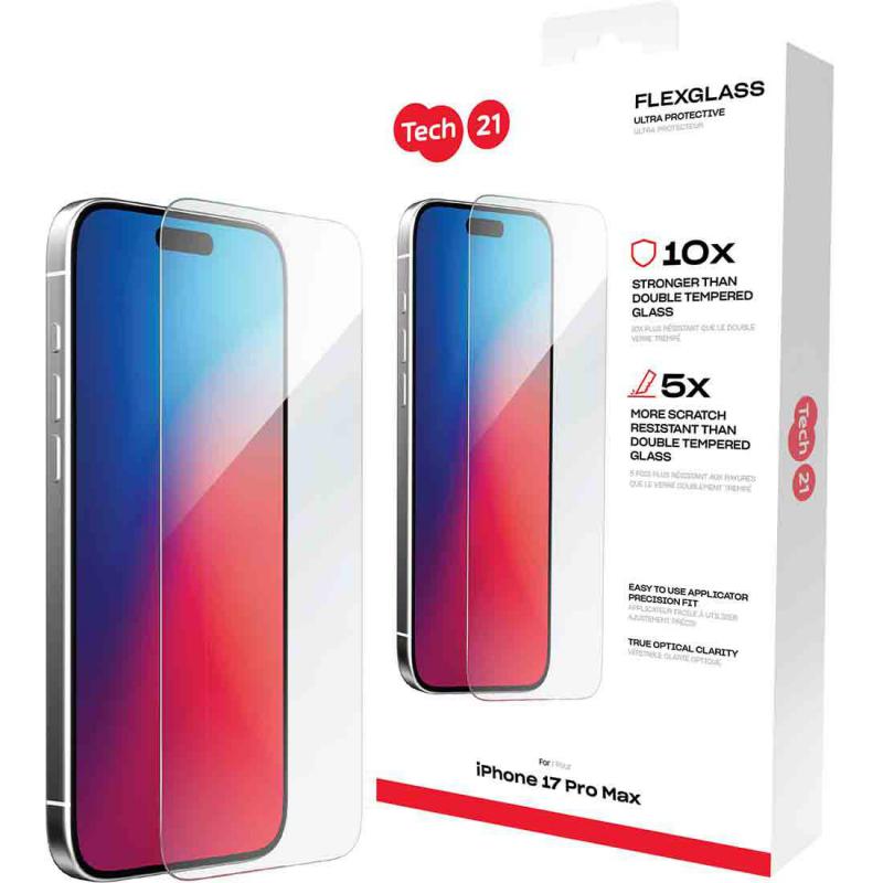 Tech21 FlexGlass Ultra Smartphone Screen Protector, for iPhone 17 Pro Max, Tempered Glass, Clear