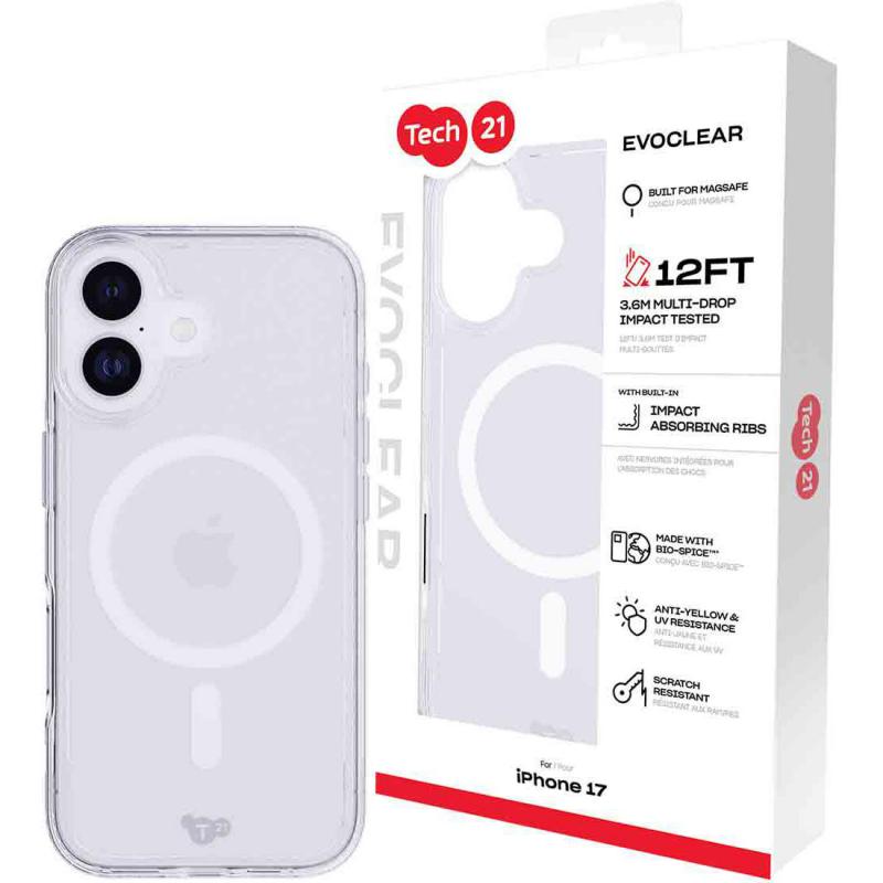 Tech21 EvoClear with MagSafe Back Cover Mobile Case with MagSafe, for iPhone 17, Clear