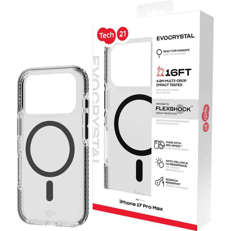 Tech21 EvoCrystal with MagSafe Back Cover Mobile Case with MagSafe, for iPhone 17 Pro Max, Clear/Black