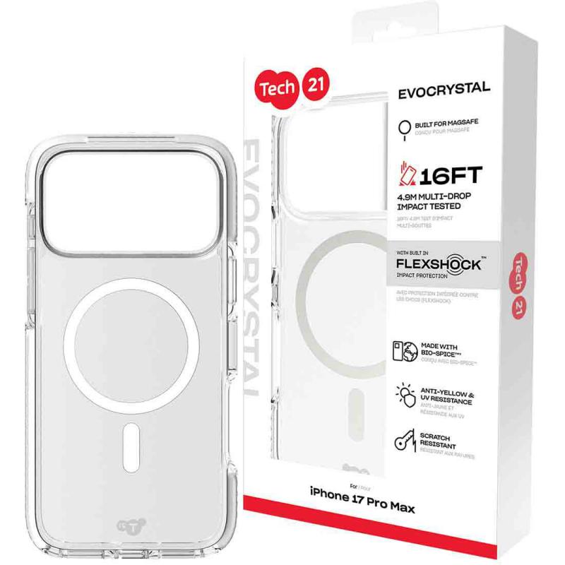 Tech21 EvoCrystal with MagSafe Back Cover Mobile Case with MagSafe, for iPhone 17 Pro Max, Clear/Metalic Silver