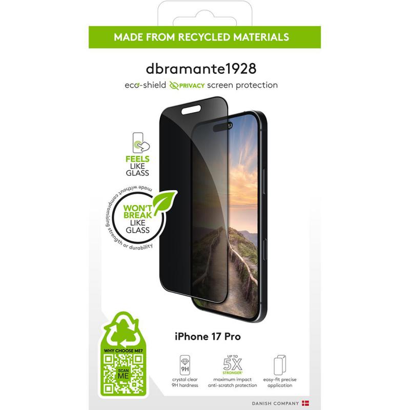 DBRAMANTE1928 Eco-shield Privacy Smartphone Screen Protector, for iPhone 17 Pro, Recycled (rPET), Curved Black Edge, Antimicrobial, Anti-fingerprint — 2