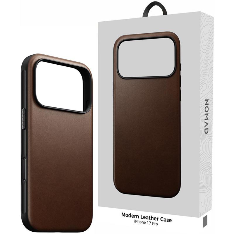 Nomad Modern Leather Back Cover Mobile Case with MagSafe, for iPhone 17 Pro, Brown