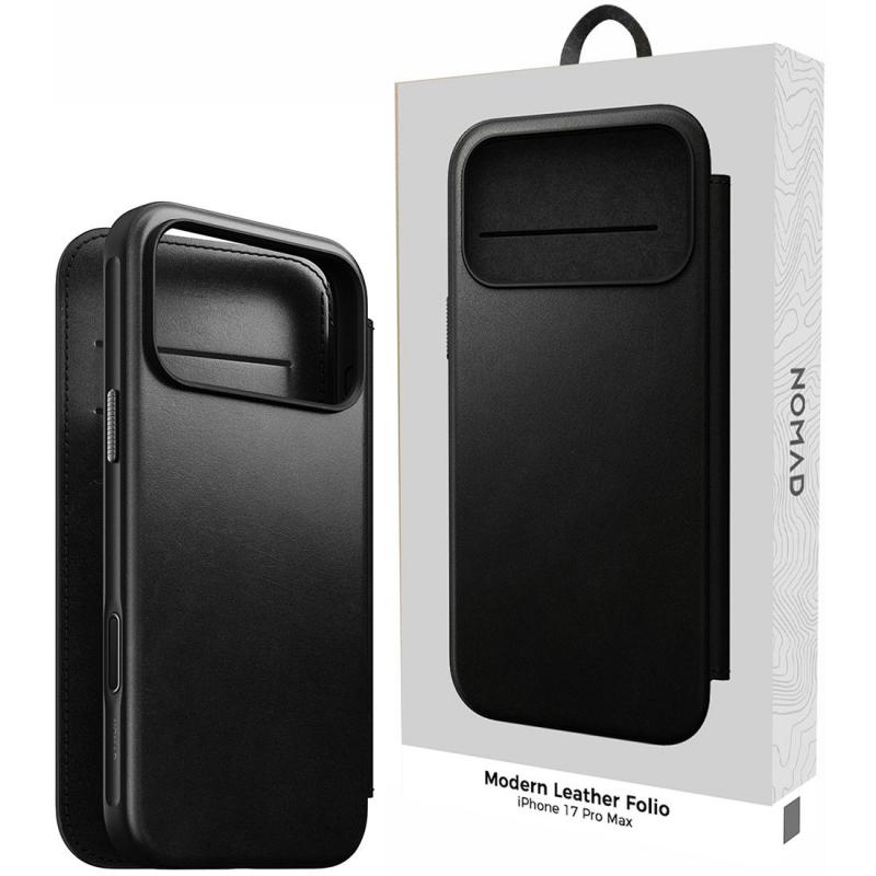 Nomad Modern Leather Folio Flip Cover Mobile Case with MagSafe, for iPhone 17 Pro Max, Black