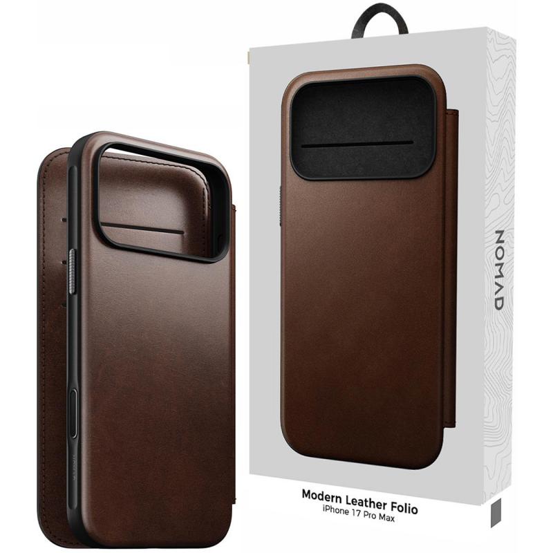 Nomad Modern Leather Folio Flip Cover Mobile Case with MagSafe, for iPhone 17 Pro Max, Brown