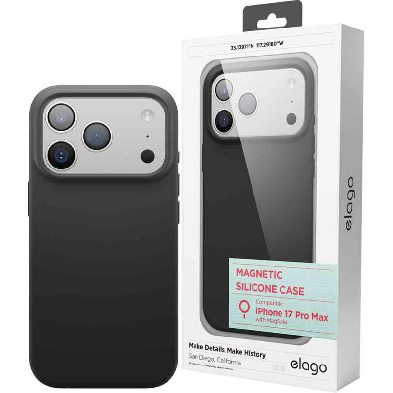 Elago Magnetic Silicone Back Cover Mobile Case with MagSafe, for iPhone 17 Pro Max, Black