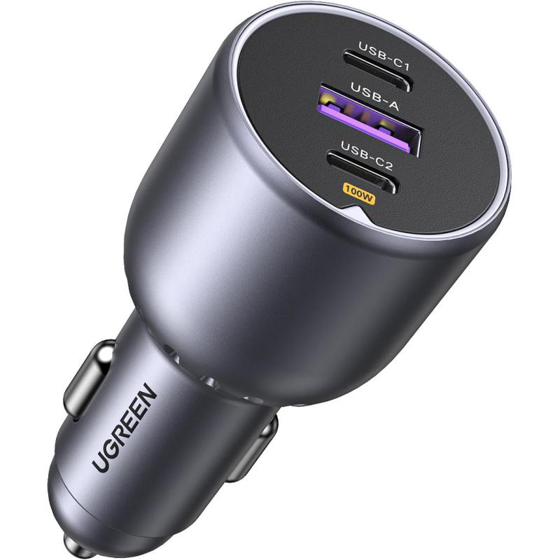 Ugreen EC705 130W Fast Car Charger with 3 Ports, USB PD (Power Delivery), 130 Watts, 3 USB (2X USB-C/1X USB), Black