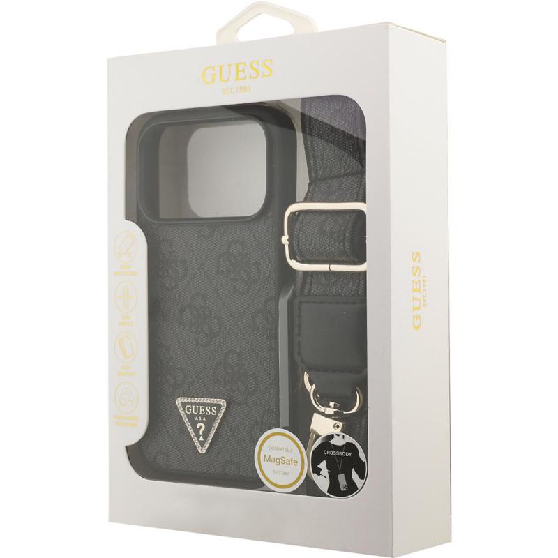 Guess 4G PU Leather Back Cover Mobile Case with MagSafe, for iPhone 17 Pro, Black — 4