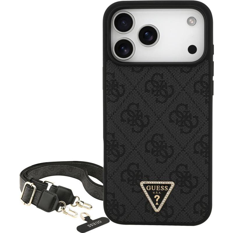 Guess 4G PU Leather Back Cover Mobile Case with MagSafe, for iPhone 17 Pro Max, Black