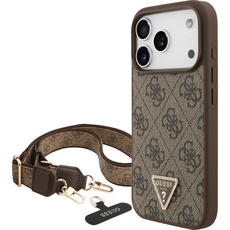 Guess 4G PU Leather Back Cover Mobile Case with MagSafe, for iPhone 17 Pro, Brown