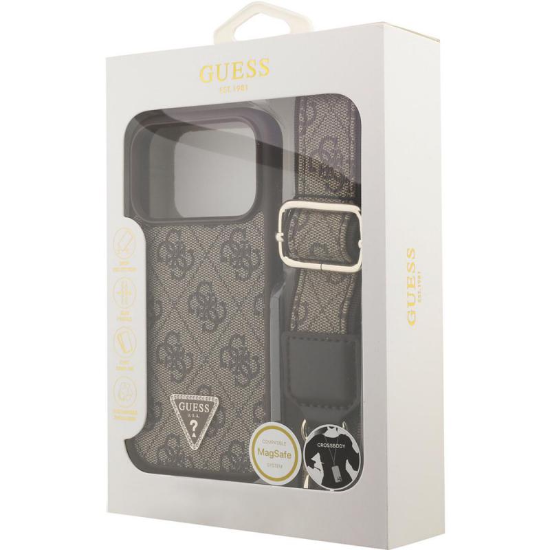 Guess 4G PU Leather Back Cover Mobile Case with MagSafe, for iPhone 17 Pro, Brown — 4