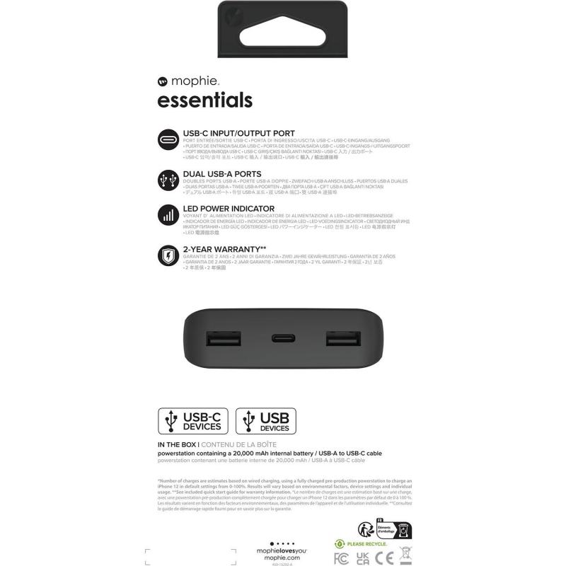 Mophie Essentials Powerstation 20K, Fast Battery Charging, 20000 mAh, 3 USB (1X USB-C/2X USB), Black — 5