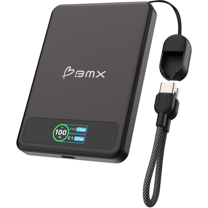 BMX SolidSafe 5000 mAh Magnetic Power Bank with Solid-State Technology, Extra Safe, Qi2, Qi/PMA, 5000 mAh, Single USB-C, Black