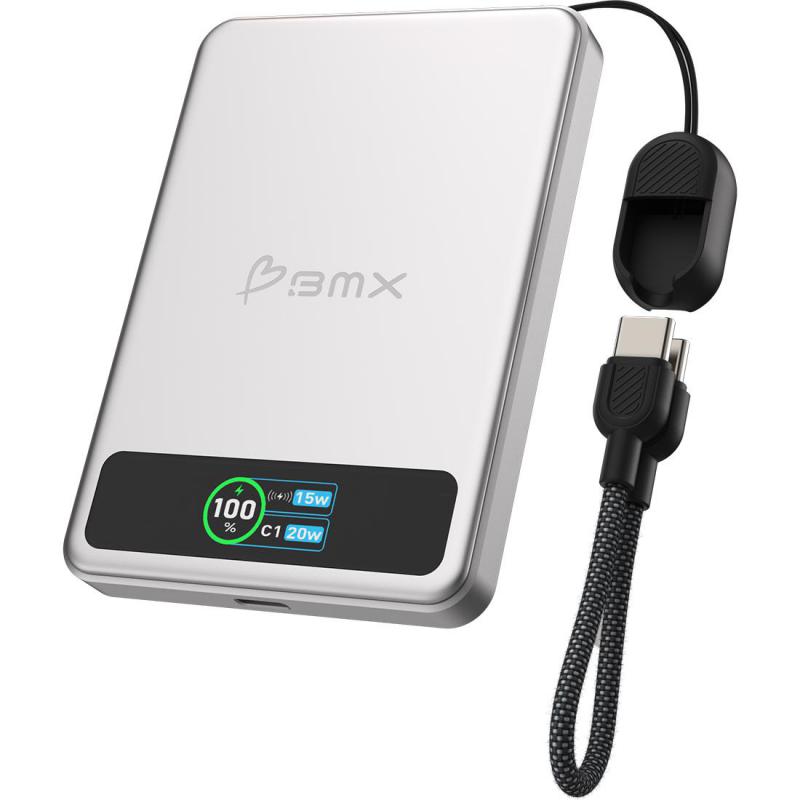 BMX SolidSafe 5000 mAh Magnetic Power Bank with Solid-State Technology, Extra Safe, Qi2, Qi/PMA, 5000 mAh, Single USB-C, Silver