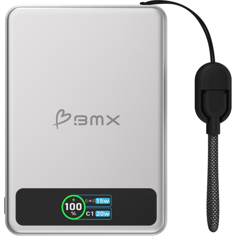 BMX SolidSafe 5000 mAh Magnetic Power Bank with Solid-State Technology, Extra Safe, Qi2, Qi/PMA, 5000 mAh, Single USB-C, Silver — 2