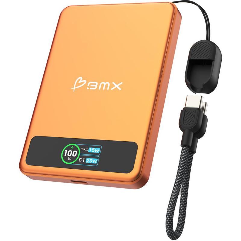 BMX SolidSafe 5000 mAh Magnetic Power Bank with Solid-State Technology, Extra Safe, Qi2, Qi/PMA, 5000 mAh, Single USB-C, Orange
