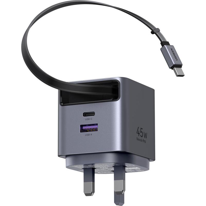 Ugreen Extend 45W GaN Fast Charger with Retractable USB-C Cable, USB PD (Power Delivery), 45 Watts, Dual USB (USB-C (PD)/USB-A), Grey