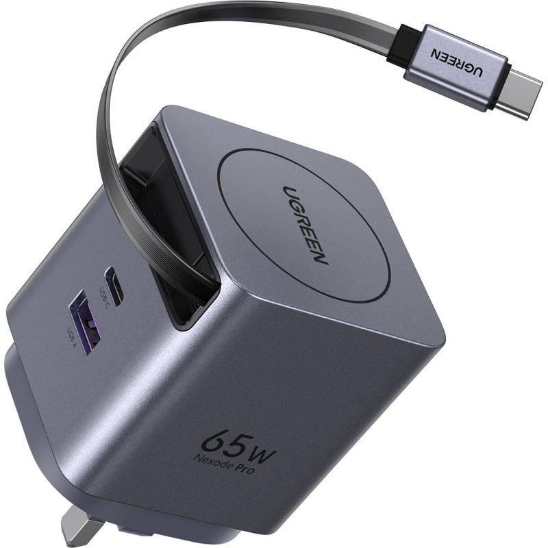 Ugreen Extend 65W GaN Fast Charger with Retractable USB-C Cable, USB PD (Power Delivery), 65 Watts, Dual USB (USB-C (PD)/USB-A), Grey