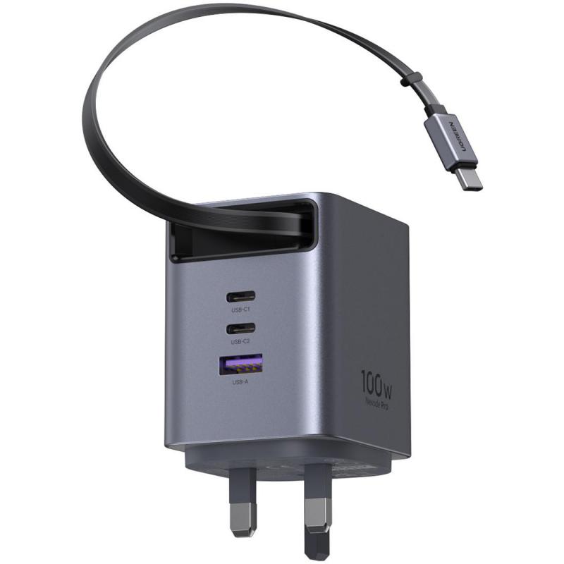 Ugreen Extend 100W GaN Fast Charger with Retractable Cable, USB PD (Power Delivery), 100 Watts, Dual USB (USB-C (PD)/USB-A), Grey