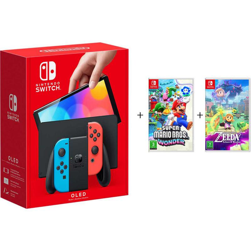 Nintendo Switch - OLED Joy-Con (Blue/Red), 64 GB, Bundle with Super Mario Bros Wonder:The Legend Of Zelda:Echoes Of Wisdom, Black