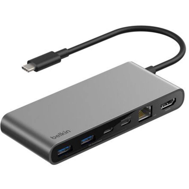 Belkin Multi-port Station, USB-C, 8 Port (USB-C/USB-C (PD 3.0)/2X USB 3.0/Micro SD/SD/RJ-45 (up to 2.5 Gbps)/HDMI, Black