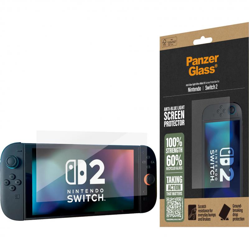 PanzerGlass Gaming Handheld Screen Protector, for Nintendo Switch 2, Rounded Edges, Crystal Clear, Anti Blue Light