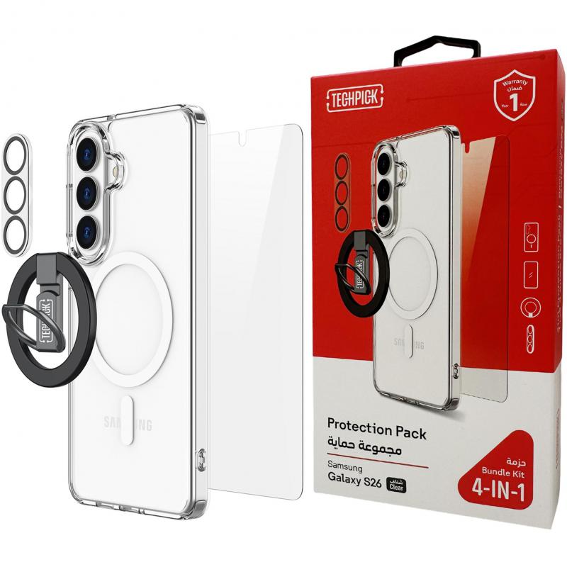 Techpick 4-in-1 Protection Pack MagSafe Hard Case + Tempered Glass + Camera Lens Protector + Magnetic Stand Smartphone Case Bundle, for Samsung Galaxy S26+, Clear