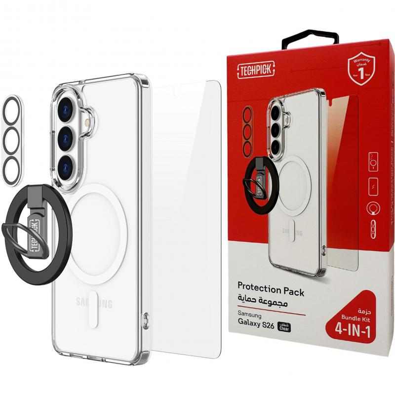 Techpick 4-in-1 Protection Pack MagSafe Hard Case + Tempered Glass + Camera Lens Protector + Magnetic Stand Smartphone Case Bundle, for Samsung Galaxy S26, Clear