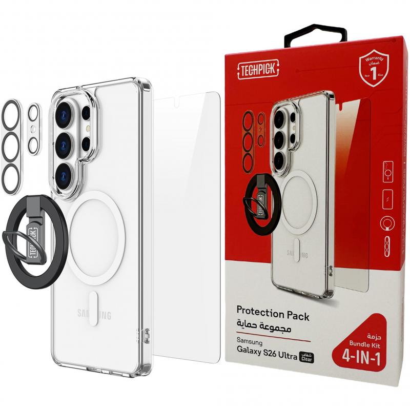 Techpick 4-in-1 Protection Pack MagSafe Hard Case + Tempered Glass + Camera Lens Protector + Magnetic Stand Smartphone Case Bundle, for Samsung Galaxy S26 Ultra, Clear