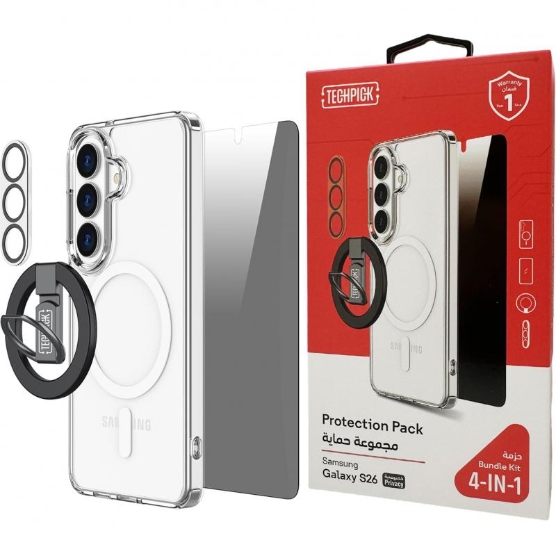 Techpick 4-in-1 Protection Pack MagSafe Case + Privacy Tempered Glass + Camera Lens Protector + Magnetic Stand Smartphone Case Bundle, for Samsung Galaxy S26, Clear