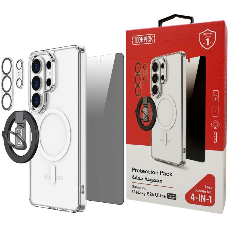 Techpick 4-in-1 Protection Pack MagSafe Case + Privacy Tempered Glass + Camera Lens Protector + Magnetic Stand Smartphone Case Bundle, for Samsung Galaxy S26 Ultra, Clear