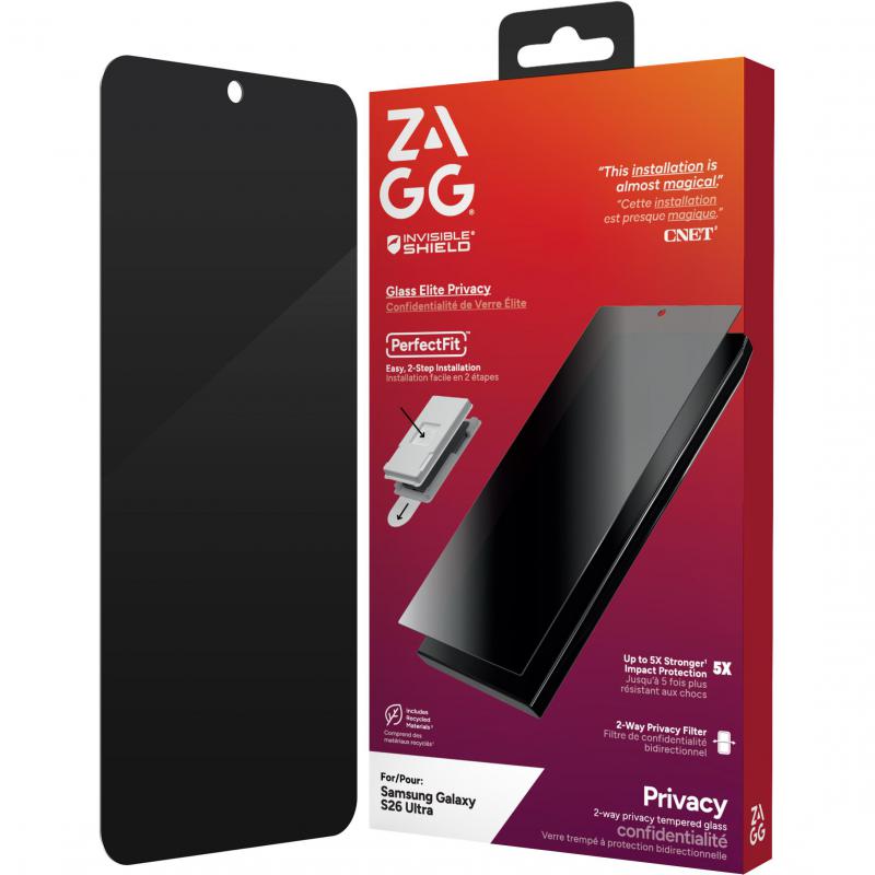 Zagg Invisible Shield Glass Elite Privacy Smartphone Screen Protector, for Samsung Galaxy S26 Ultra, Made with Recycled Glass
