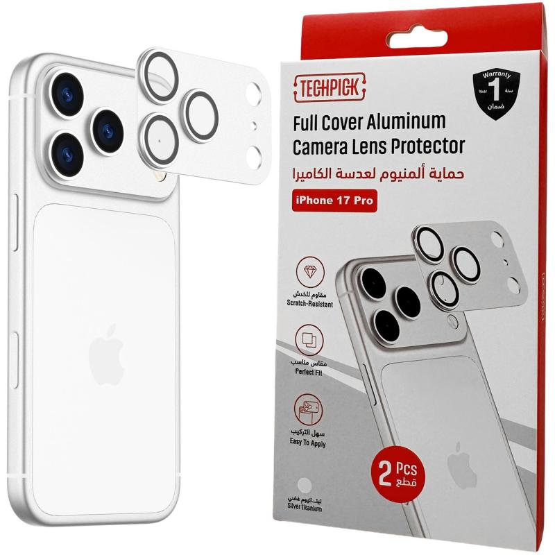 Techpick Full Coverage Aluminum Color-Matched Camera Protector (Full Frame) Smartphone Camera Accessory, for iPhone 17 Pro, Silver