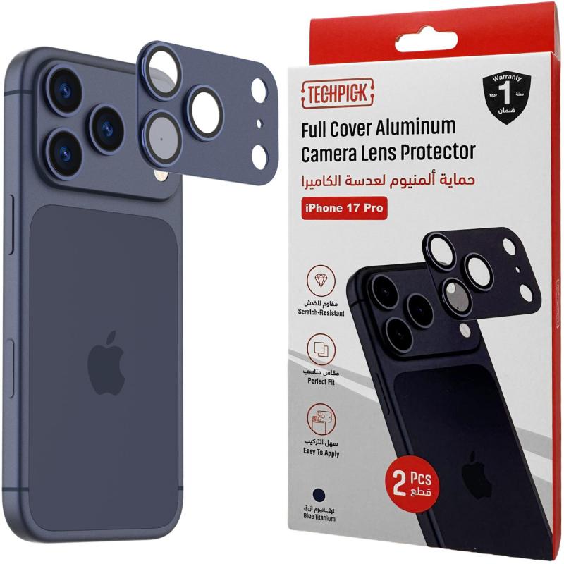 Techpick Full Coverage Aluminum Color-Matched Camera Protector (Full Frame) Smartphone Camera Accessory, for iPhone 17 Pro, Blue