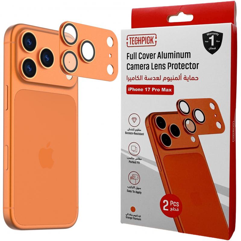 Techpick Full Coverage Aluminum Color-Matched Camera Protector (Full Frame) Smartphone Camera Accessory, for iPhone 17 Pro Max, Orange